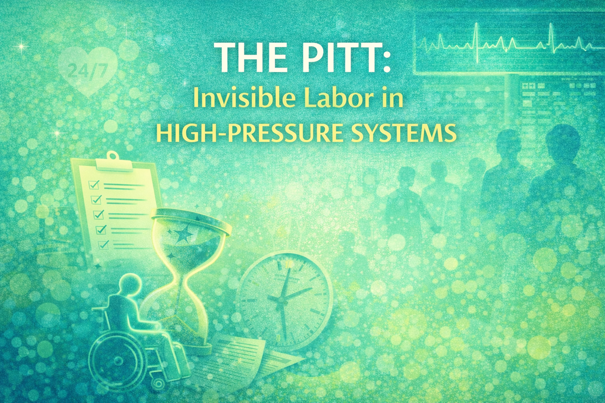 Aqua and lime illustration with symbols of time, workload, and pressure introducing an article on invisible labor in high-pressure systems.