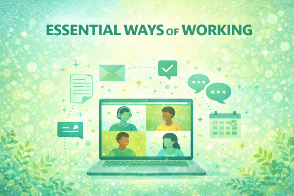 Illustration of remote work tools and a video call under the title “Essential Ways of Working” in aqua and lime colors.