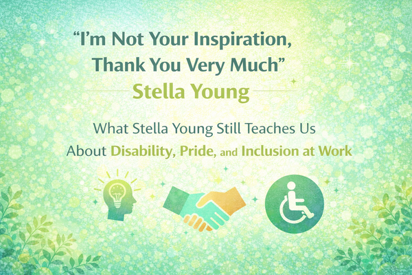 Aqua and lime graphic featuring a quote about disability and inclusion, with icons symbolizing accessibility and collaboration.