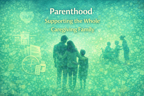 Aqua and lime graphic illustrating caregiving and family support in a discussion about parenthood and inclusion.